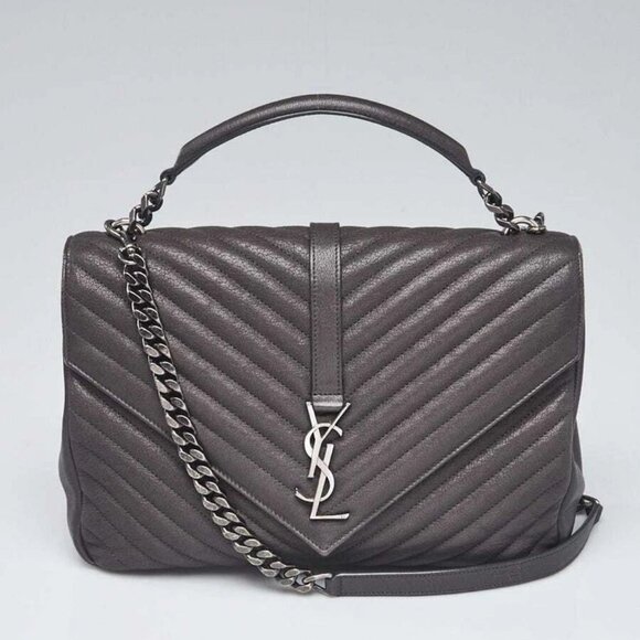Yves Saint Laurent Grey Chevron Quilted Leather Monogram Large College Bag - Picture 1 of 10